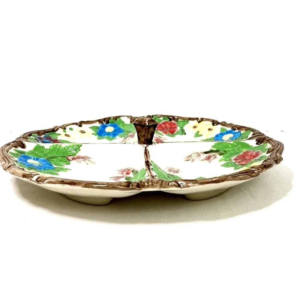 Vtg Ceramic Divided Serving Platter Plate Hand Painted Floral Cottage Country